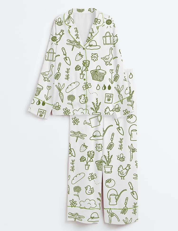 Women&rsquo;s Garden Cottage Cottagecore Gardening Floral Bees Tools Animals Plant Flowers Trees Long Sleeve Satin Pajama Set