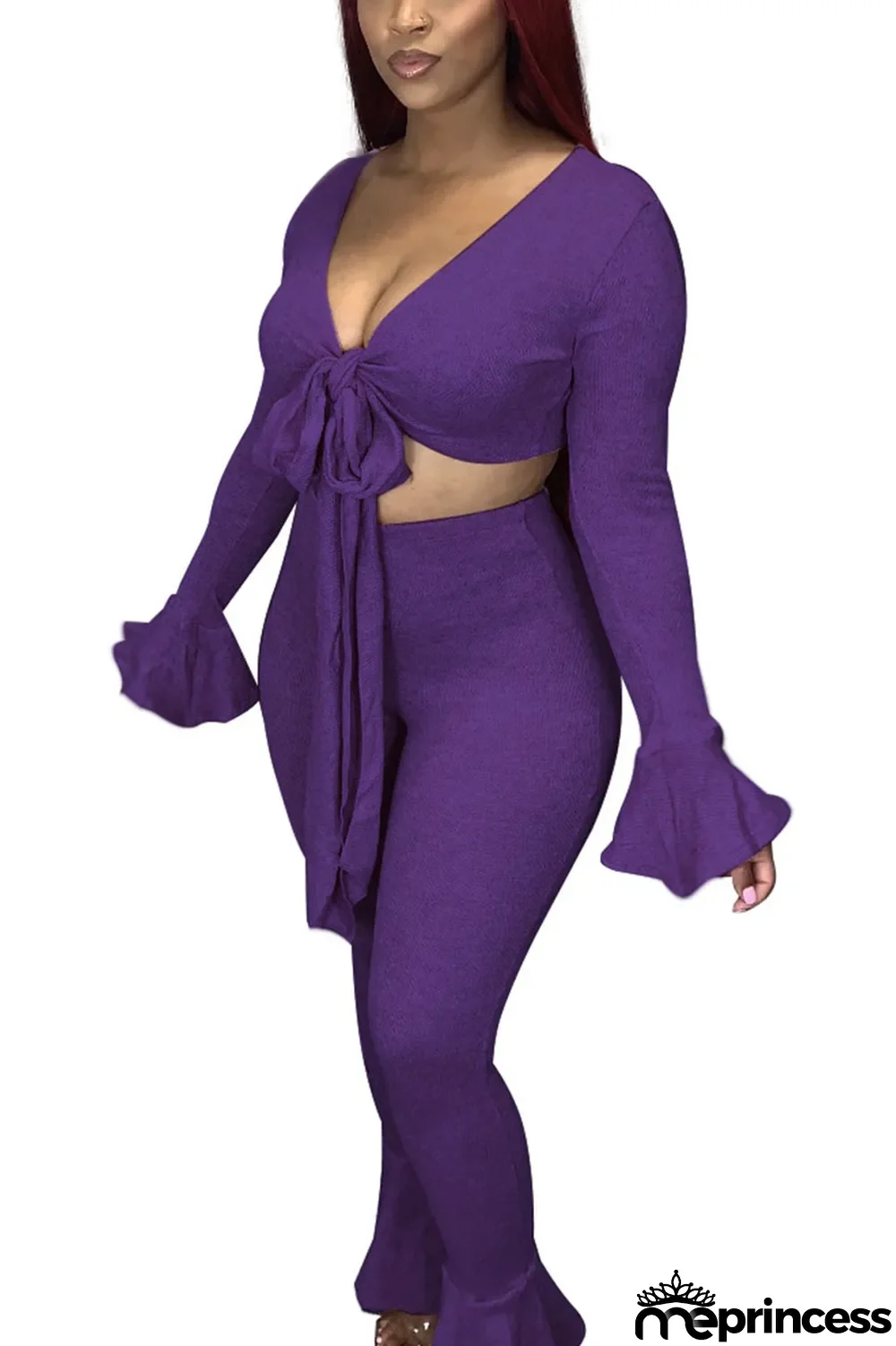 Red Casual Solid V Neck Long Sleeve Flare Sleeve Short Two Pieces