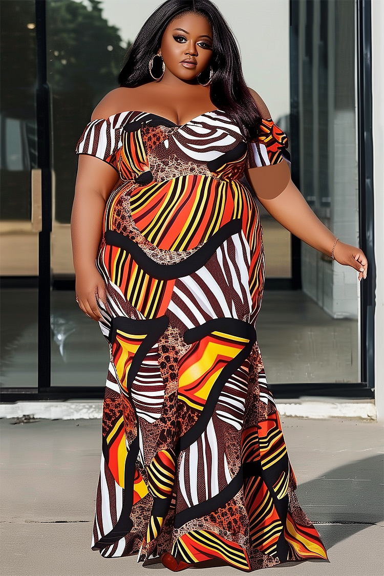 Xpluswear Design Plus Size Vacation Brown All Over Print Off The Shoulder Knitted Maxi Dresses [Pre-Order]