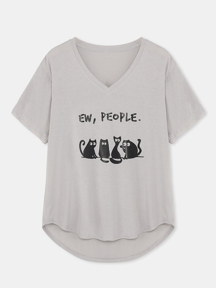 Cute Cat Print Short Sleeve Casual T shirt for Women P1798859