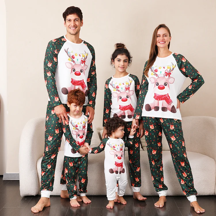 Christmas Deer Print Cartoon Print Family Matching Pajamas Set(Green)