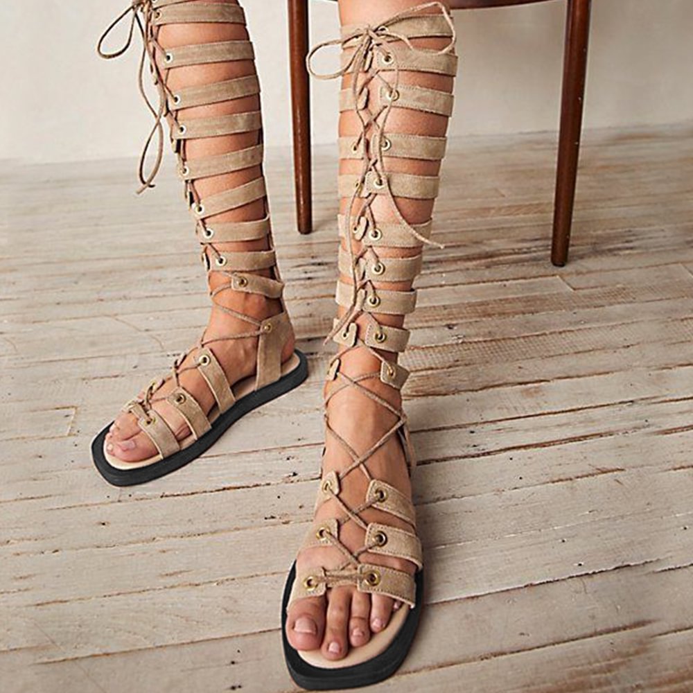 Light Brown Square Toe Gladiator Sandals Lace Up Flats Sandals Nicepairs