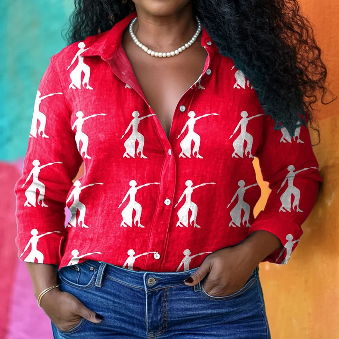 Women's Fashion Red Sisterhood Print Casual Cotton Shirt