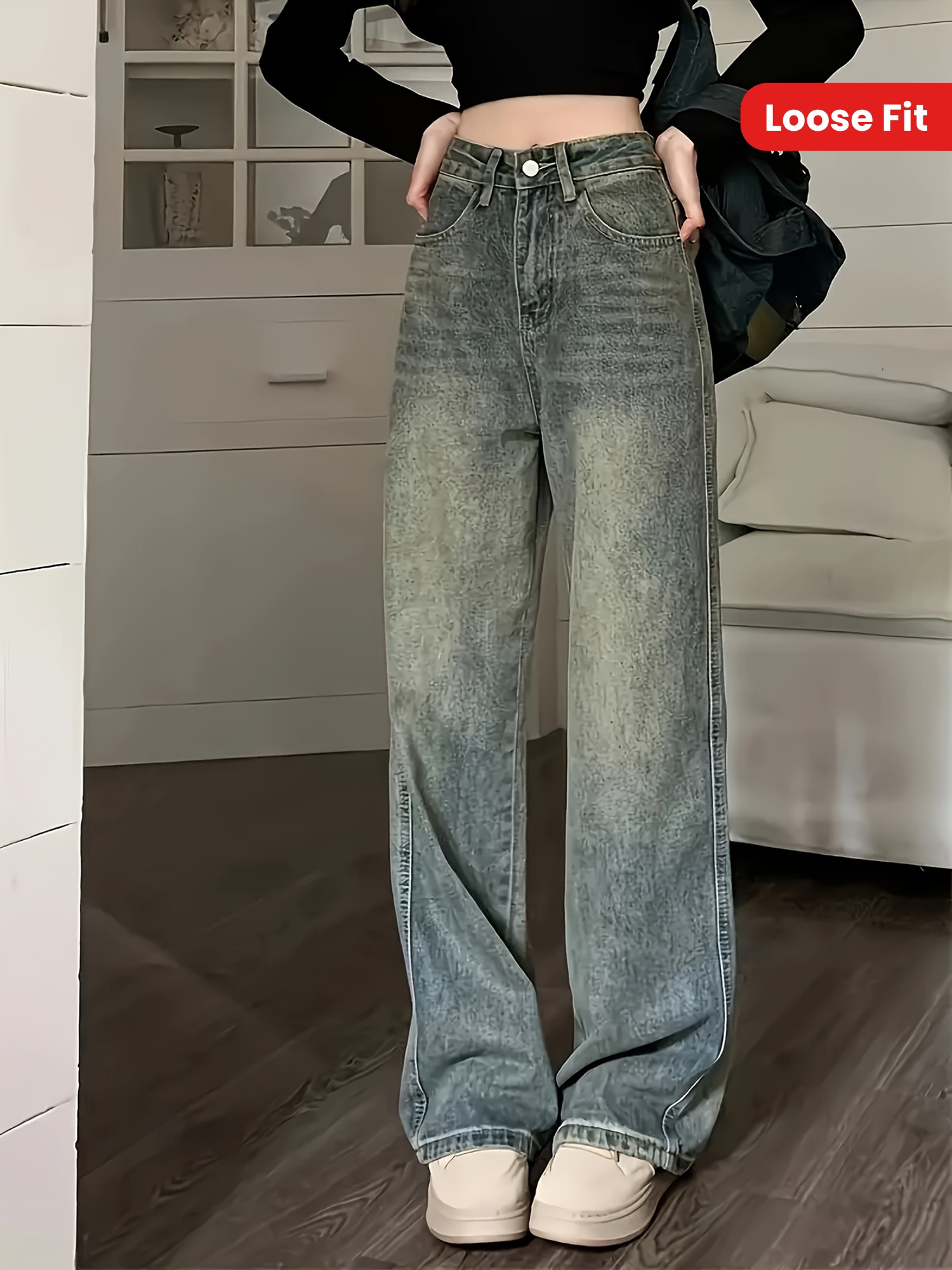 New Retro Style Distressed Washed Plain Loose Fit Wide Leg Washed Blue Casual Style Zipper Button Closure Denim Pants, Women's Denim Jeans & Clothing, Outdoor Recreation Denim Jeans & Clothing, Suitable For All Season | IFYHOME