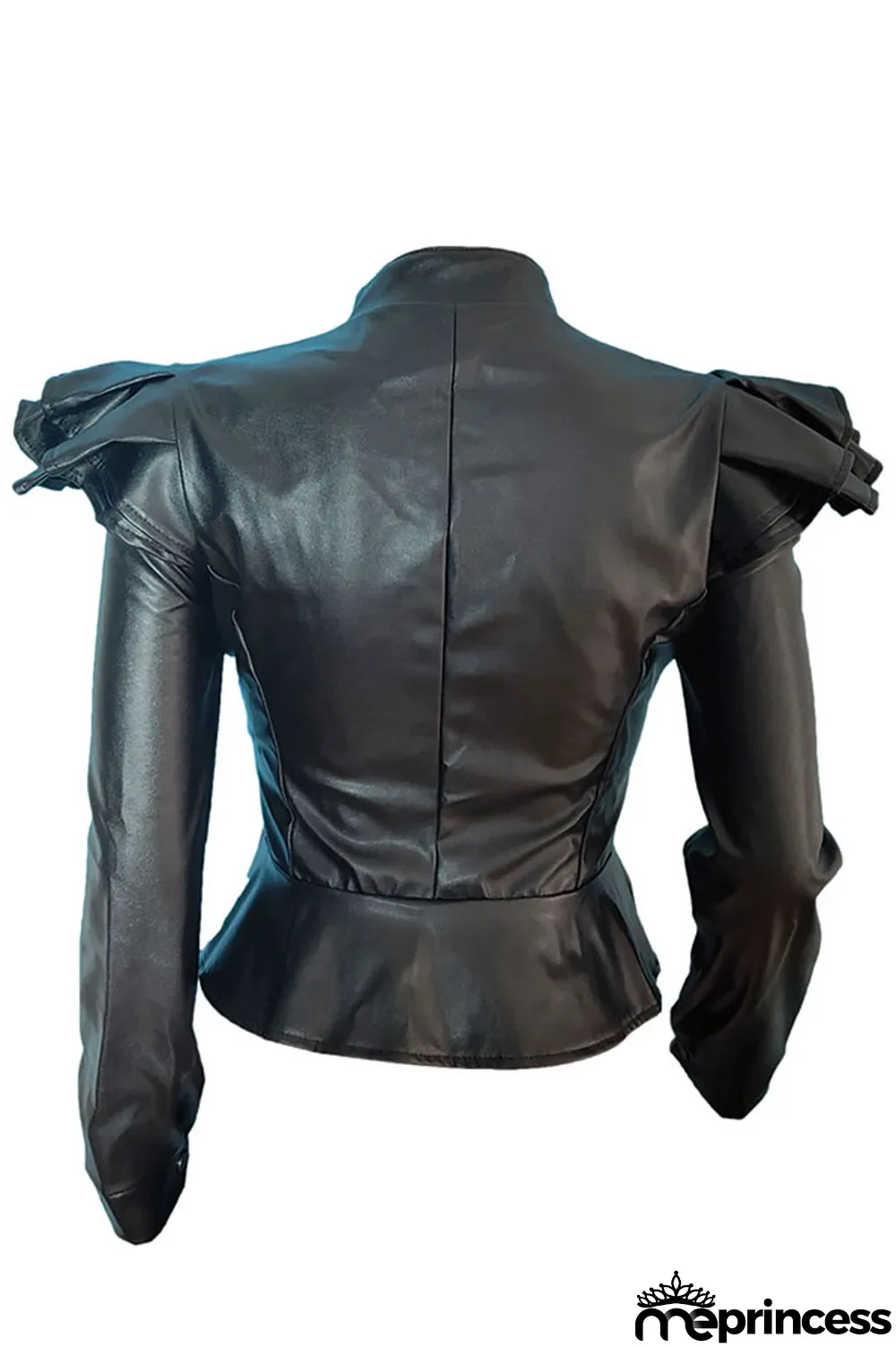 Black Mandarin Collar ruffle Solid PU Long Sleeve