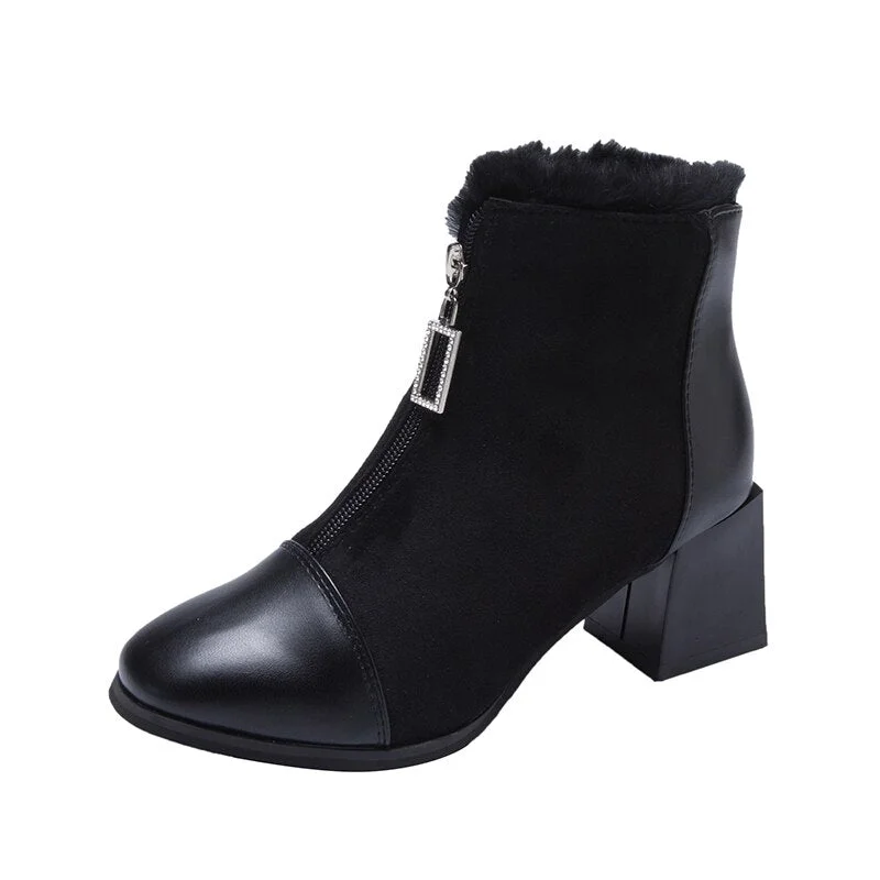 Fashion Women Boots Comfortable Plush Warm Fur Ladies Ankle Boots Elegant High Heels Solid Color Convenient Zipper Female Boots