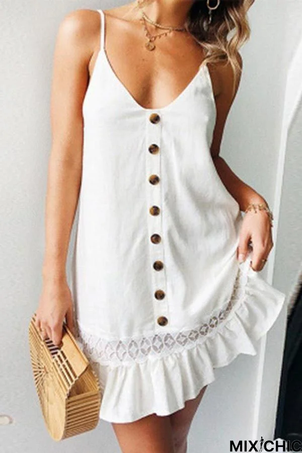 Sweet V Neck Lace Stitching Sling Dress