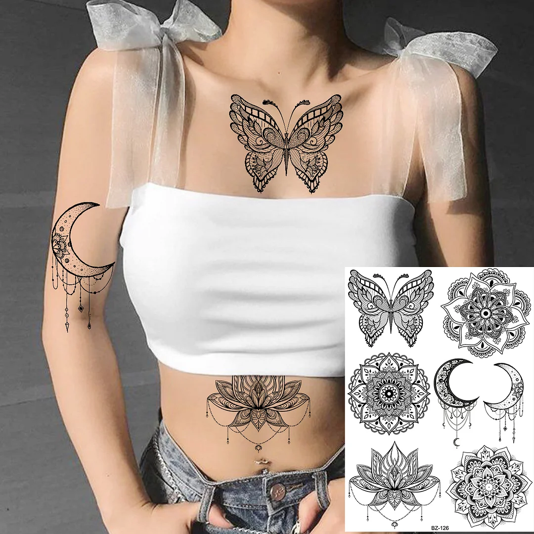 Sdrawing Large Rose FLower Temporary Tattoos For Women Adults Henna Skull Compass Snake Flower Fake Tattoo Sticker Leg Tatoos Thigh