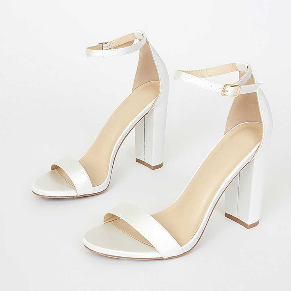 White Satin Round Toe 4‘’ Chunky Heel Ankle Strap Sandals Nicepairs