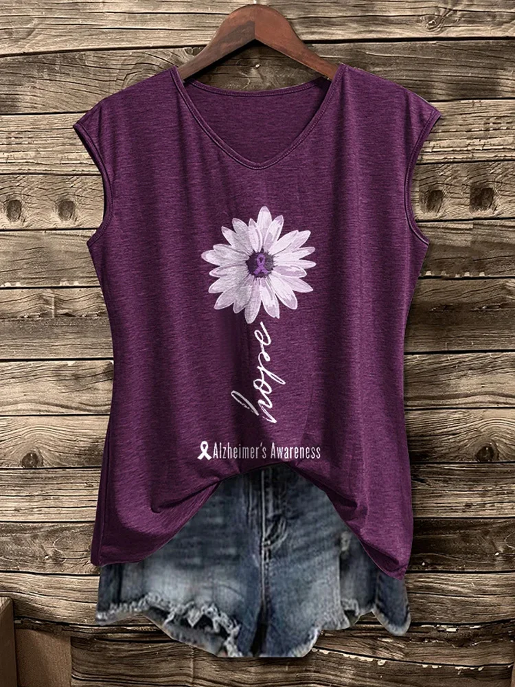 V-Neck Retro Alzheimer's Awareness Flower Hope Print Vest