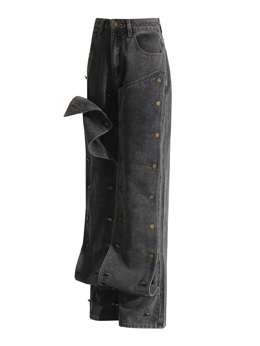 Brownm Vintage High Street Broad Leg Pants 2025 Summer New Personalized Design Stitching Button High-Waist Jeans Women