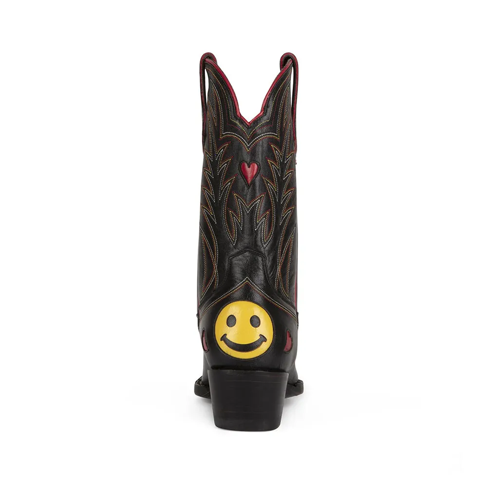 Black Chunky Heel Embroidered Mid-Calf Cowboy Boots for Women