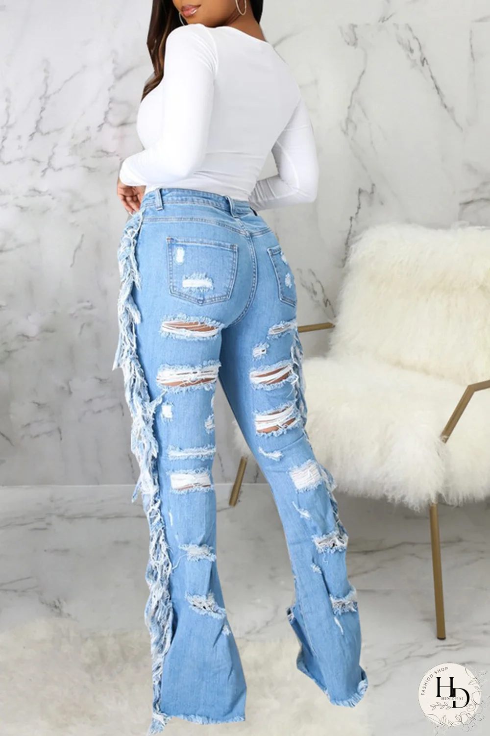 Baby Blue Casual Solid Ripped Mid Waist Boot Cut Denim Jeans