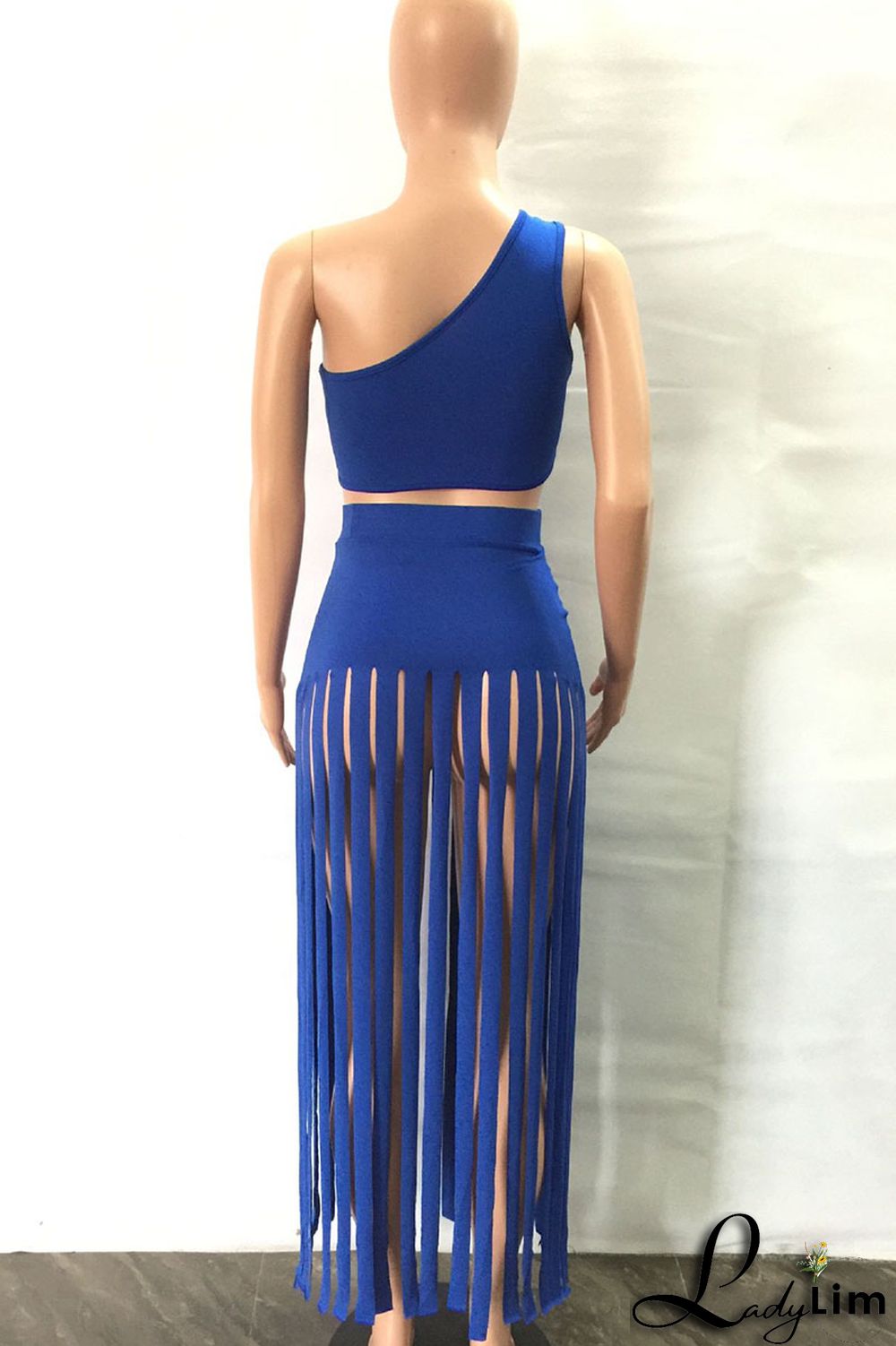 Black Sexy Solid Tassel Patchwork Oblique Collar Two Pieces