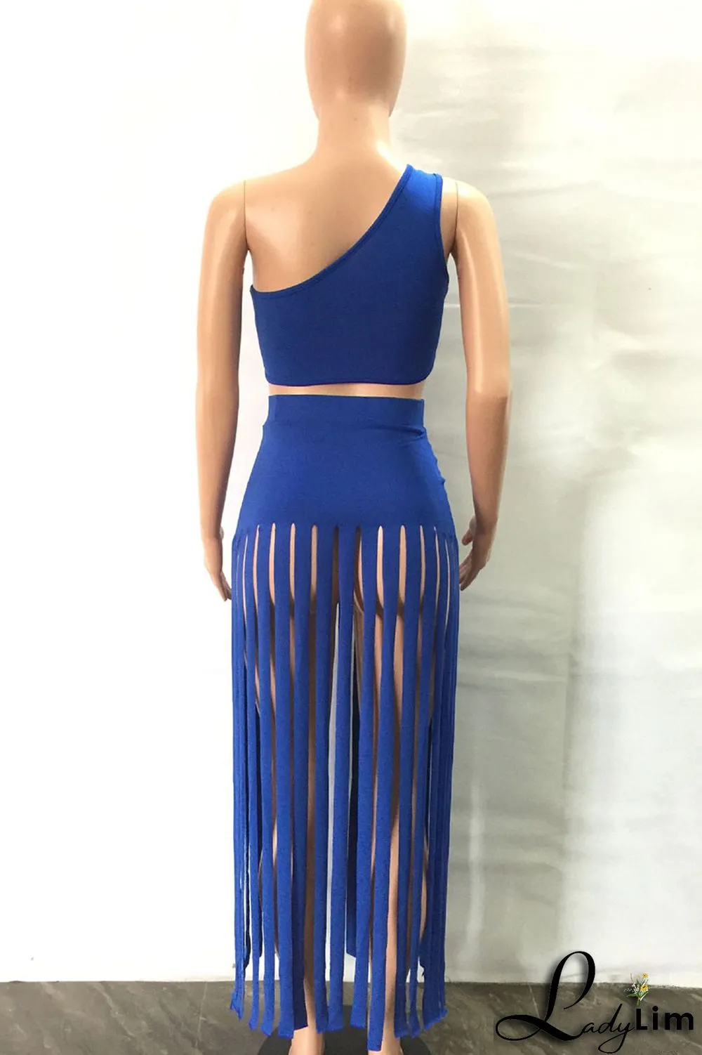 Black Sexy Solid Tassel Patchwork Oblique Collar Two Pieces
