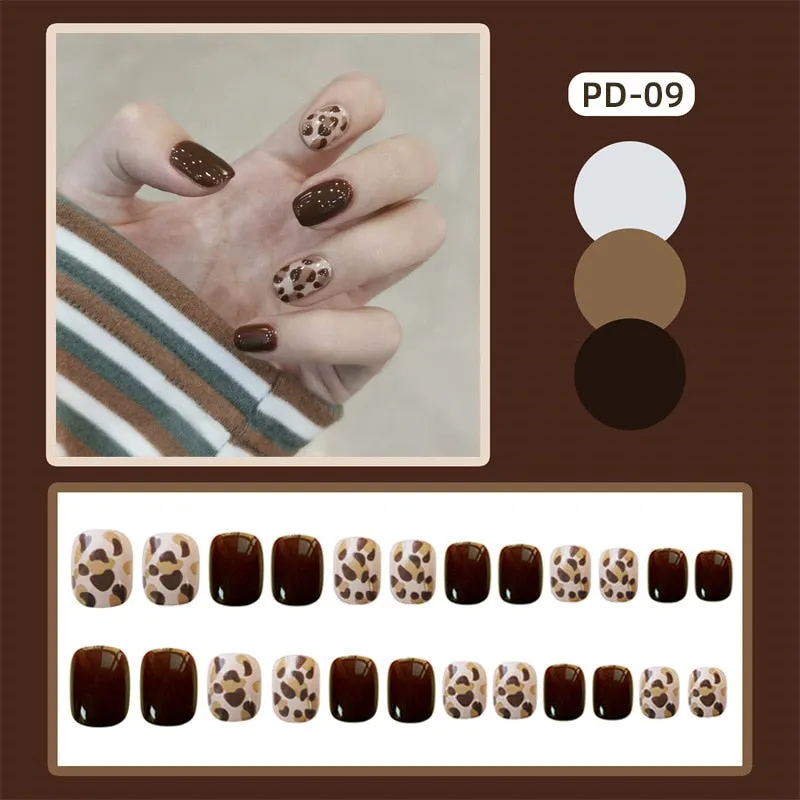 24pcs Leopard Theme Full Cover False Nail Tips Black Heart Line Transparent Stiletto French Fake Nails With Glue Detachable Tips-Nail Inspo