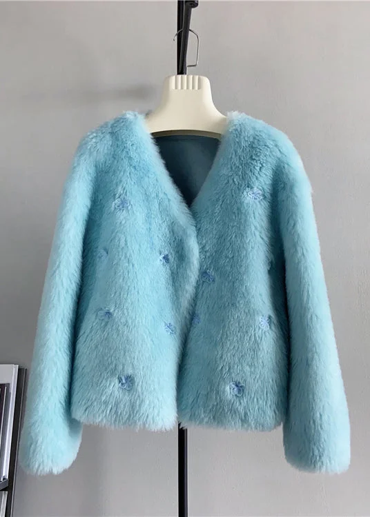 Boutique Blue V Neck Floral Wool Short Coat Winter