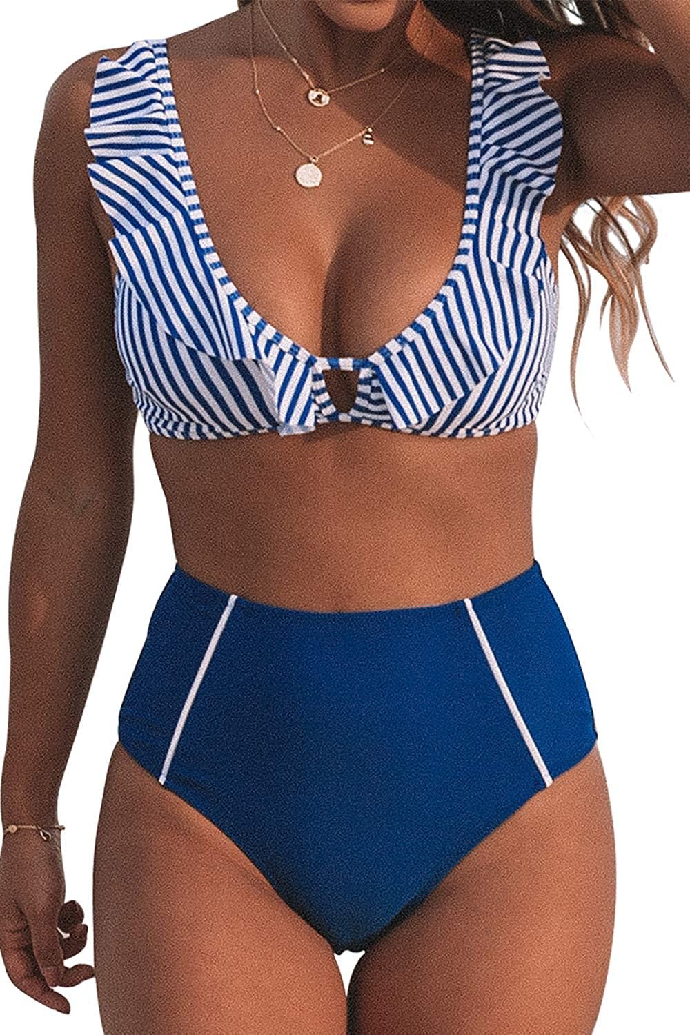 Women's Striped Ruffles High Waisted Bikini
