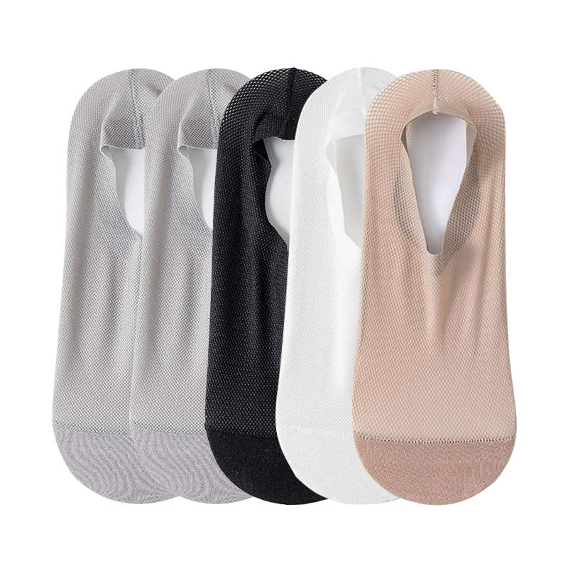 Coasfe 5 Pairs/Lot Men's Mesh Non-Slip Silicone Socks Summer Ice Silk Breathable Casual Short Black No Show Invisible Low Cut Socks