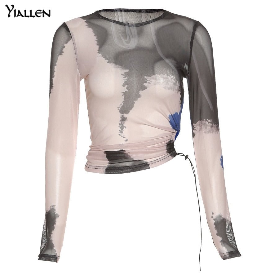 Yiallen Autumn Mesh O-Neck Women Crop Top Shirring Long Sleeve Irregular T-Shirt Fashion Wild Print Casual Streetwear Tees Hot