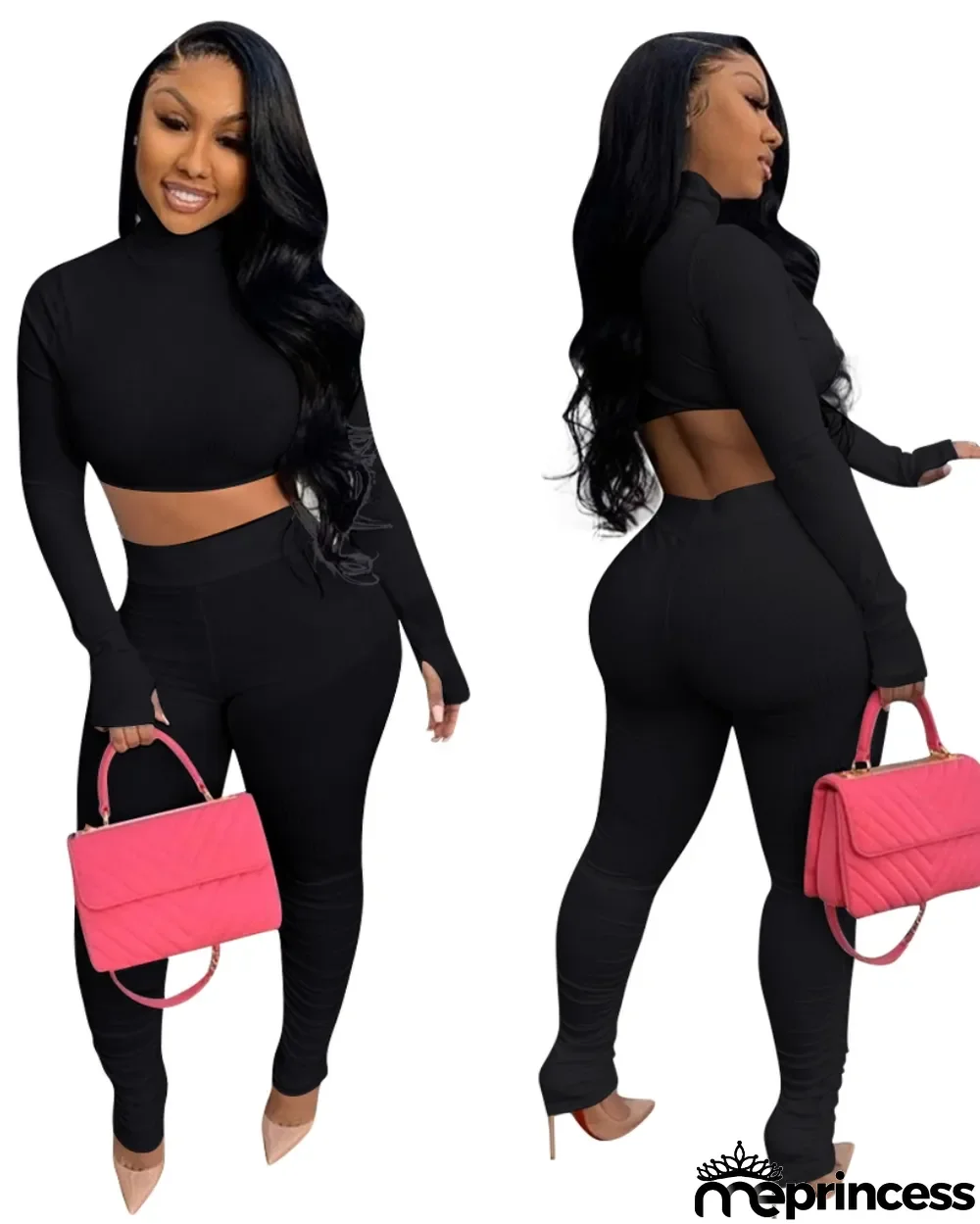 Autumn Solid Color Turtleneck Crop Top and High Waist Pants Set