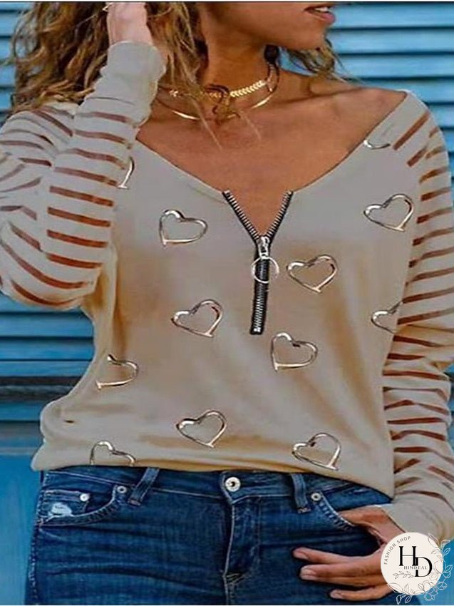 Blouse Pink Khaki Dark Gray Heart Zipper Long Sleeve Daily Going out Casual V Neck Loose Fit S for Women