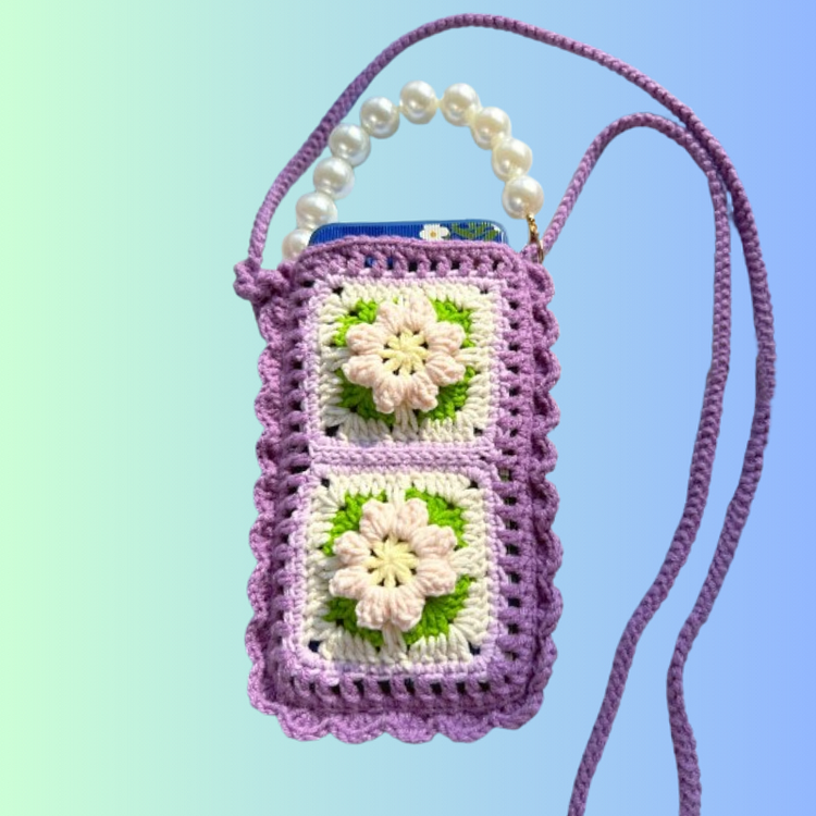 Lulusnow Handmade Purple Granny Square Tote Flower Crochet Phone Bag