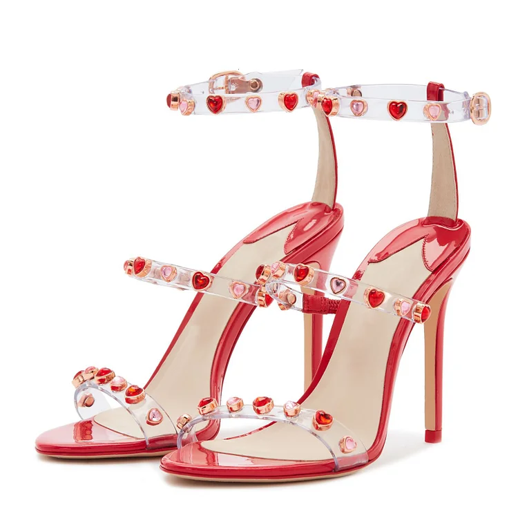 Red Open Toe Three Strap transparent Heels Stilettos Rhinestone Sandals |FSJ Shoes