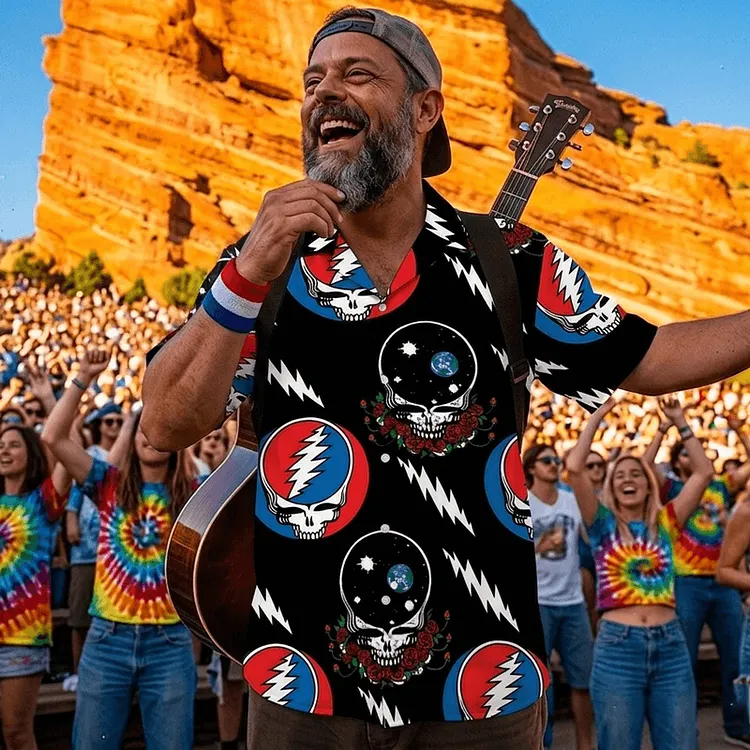 Vintage Grateful Dead Skull & Bear &Terrapin Graphic Cuban Collar Short Sleeve Shirt &ndash; Unisex Retro Cotton Top
