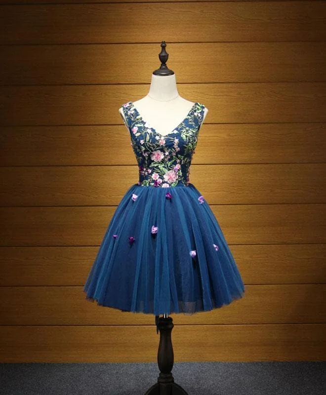 Blue V Neck Tulle Short Prom Dress