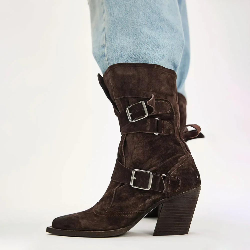 Brown Pointed Toe Multiple Buckle Strap Zipper Heeled Booties