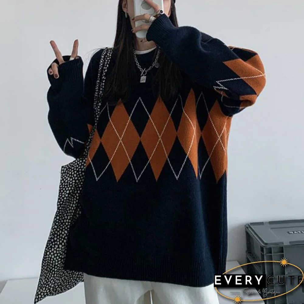 Women Argyle Knitted Sweater Autumn Winter O Neck Oversized Pullovers Korean Preppy Style Loose Jumper Female Sweaters