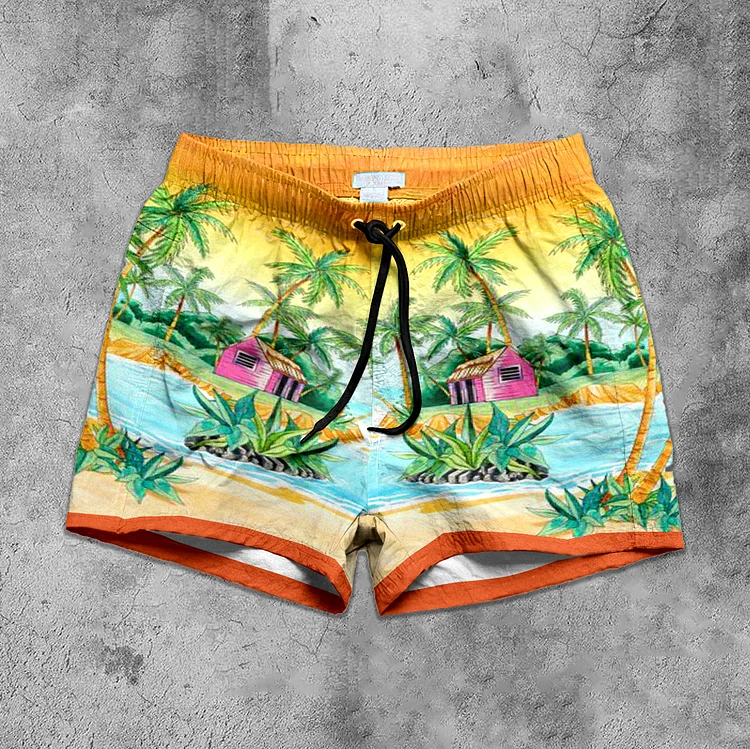 Artistic Watercolor Orange Island Print Shorts