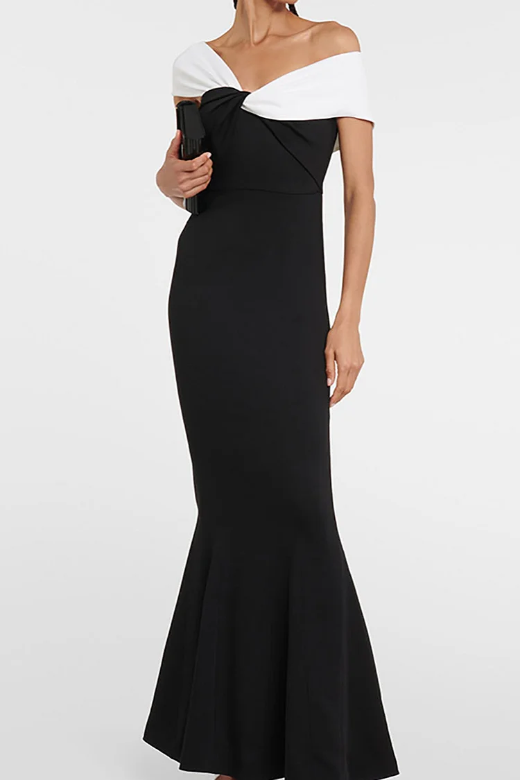 Colorblock Off Shoulder Ruched Twisted Slim Fit Mermaid Hem Evening Gowns Maxi Dresses