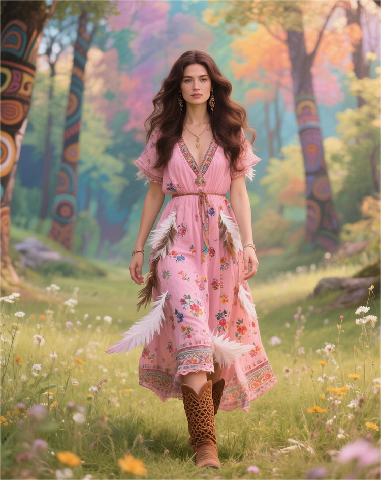 Women's Pink Vintage Floral Art V-Neck Maxi Dress 