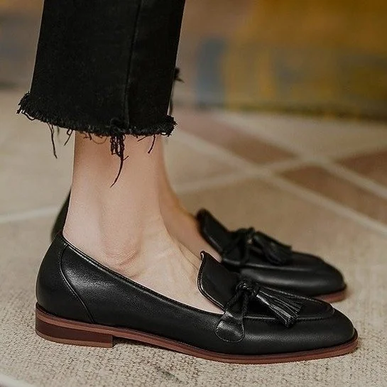 Women's Bow Tassel Square Toe Slip-On Loafers Radinnoo.com