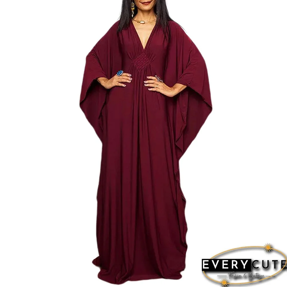 Burgundy Front Woven Bat Sleeve Beachwear Kimono