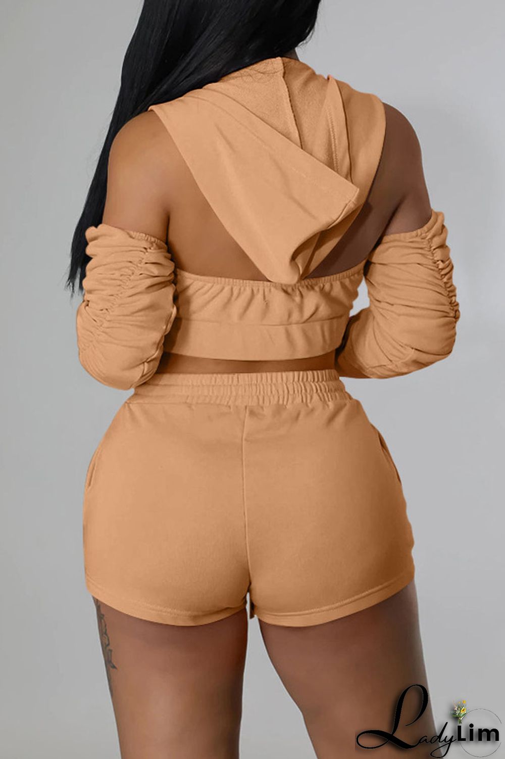 Rose Red Fashion Casual Solid Backless Fold Half A Turtleneck Half Sleeve Two Pieces