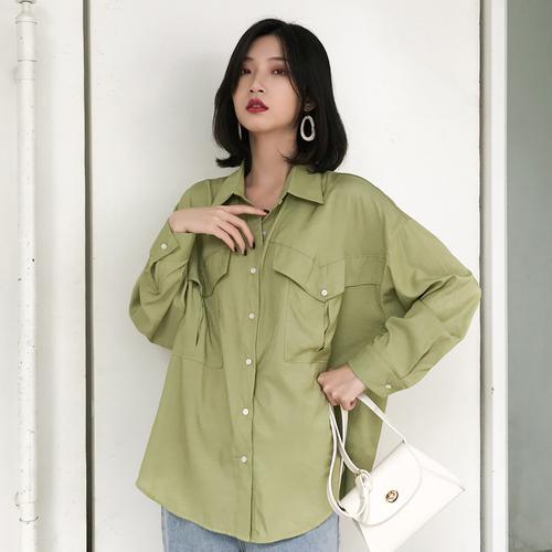 Women Long Sleeve Loose double pocket Casual Shirt