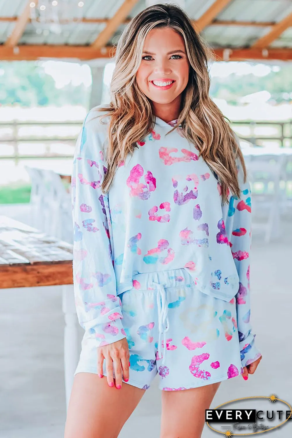 Sky Blue Leopard Print Hoodie and Shorts Set