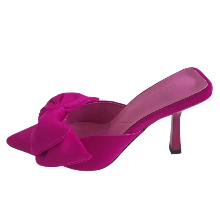 Yyvonne Pointed High-Heeling Slippers Women Summer New Fashion And Bow Cloth Outside Wearing Cold Slippers Women