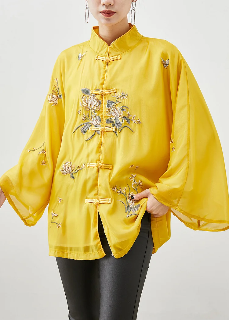 Chinese Style Yellow Embroideried Silk Jackets Fall