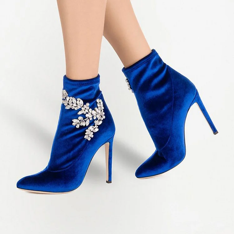 Royal Blue Velvet Pointy Toe Stiletto Booties Rhinestone Ankle Boots |FSJ Shoes