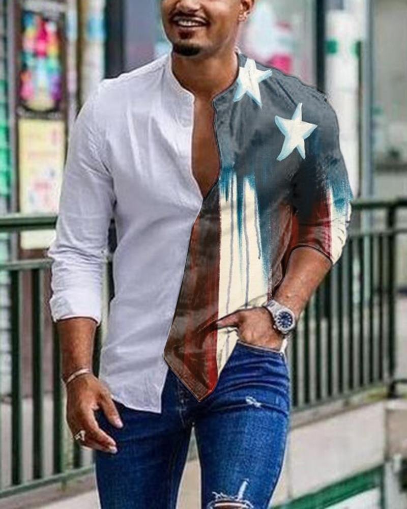 Men's Cotton  Flag Printed Long Sleeve Cardigan Shirt