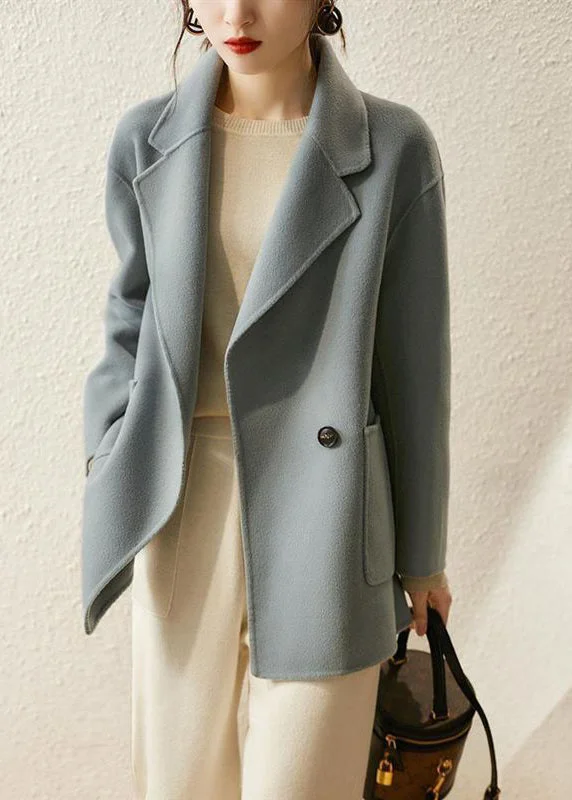 Modern Blue Grey Lapel Button Down Pockets Woolen Coats Fall