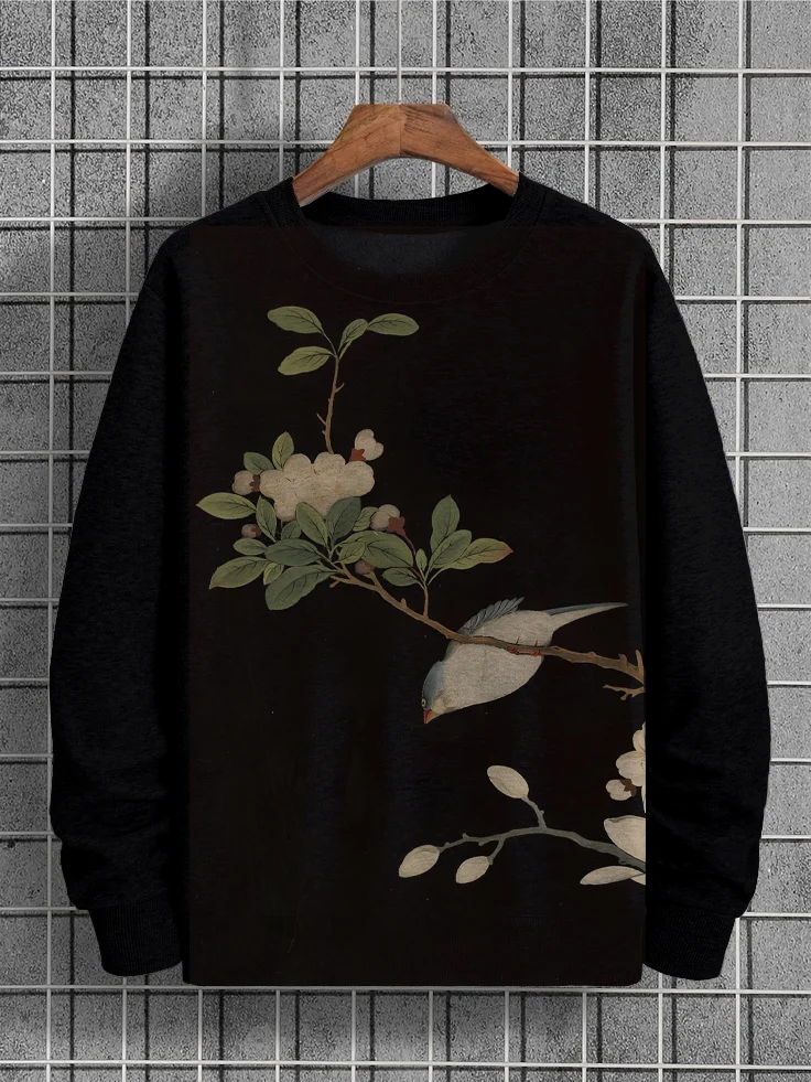 Men's Bird Flowers Illustration Print Casual Sweatshirt