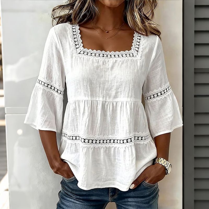 Comstylish Women's Solid Color Lace Patchwork Linen Blend Loose T-shirt