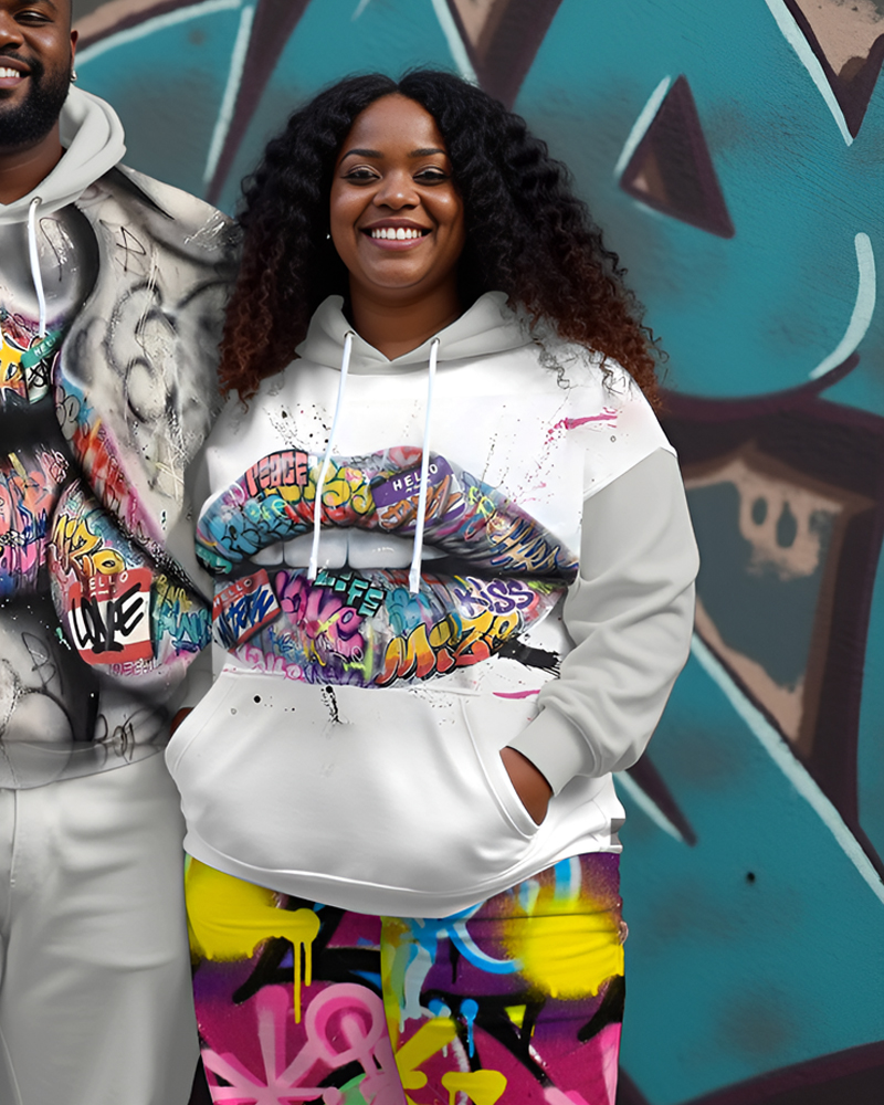 Couple Plus Size Street Lips Graffiti Print Hoodie Set
