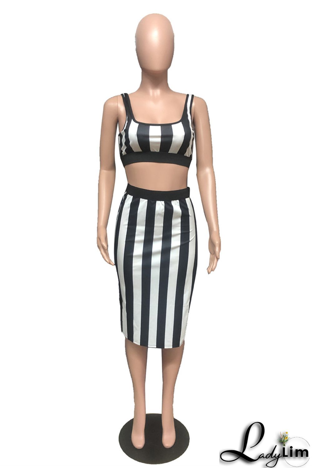 White Sexy Casual Striped Print Slit U Neck Sleeveless Two Pieces