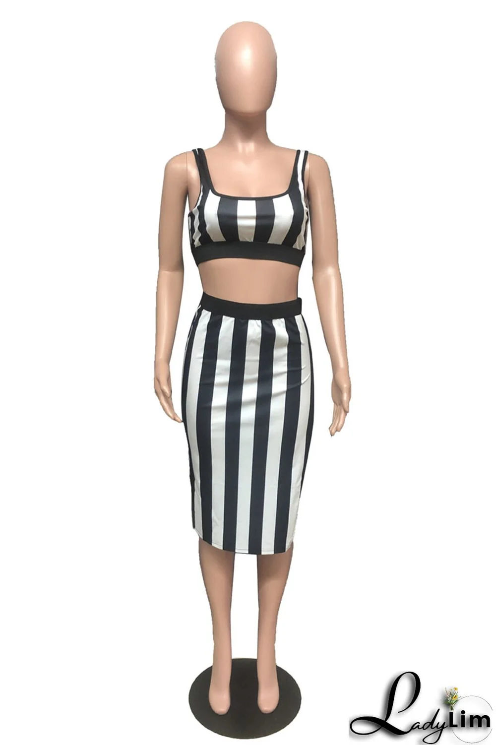 White Sexy Casual Striped Print Slit U Neck Sleeveless Two Pieces